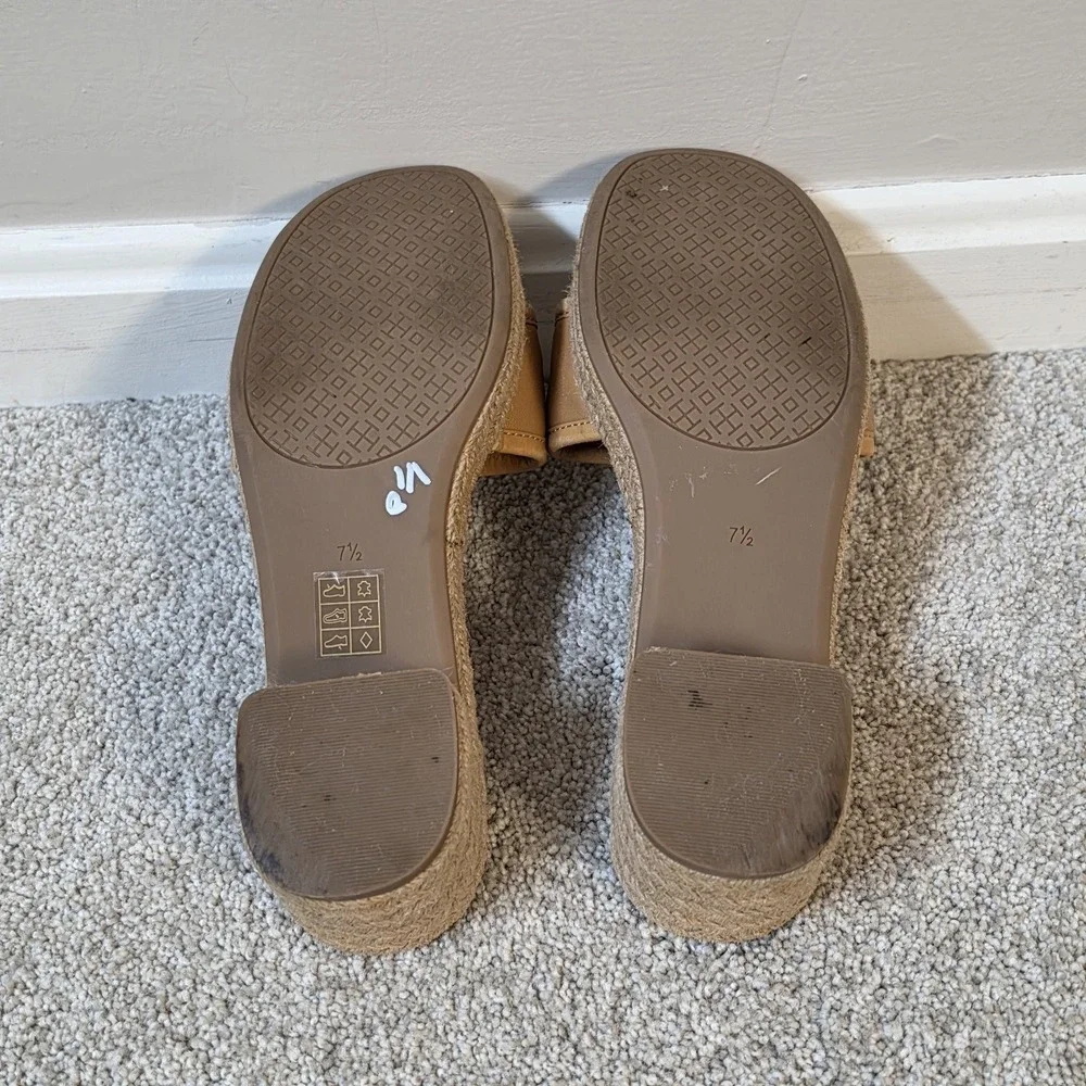 Tory Burch Fleming Espadrille Tan Leather Logo Slides Sandals Womens Size 7.5